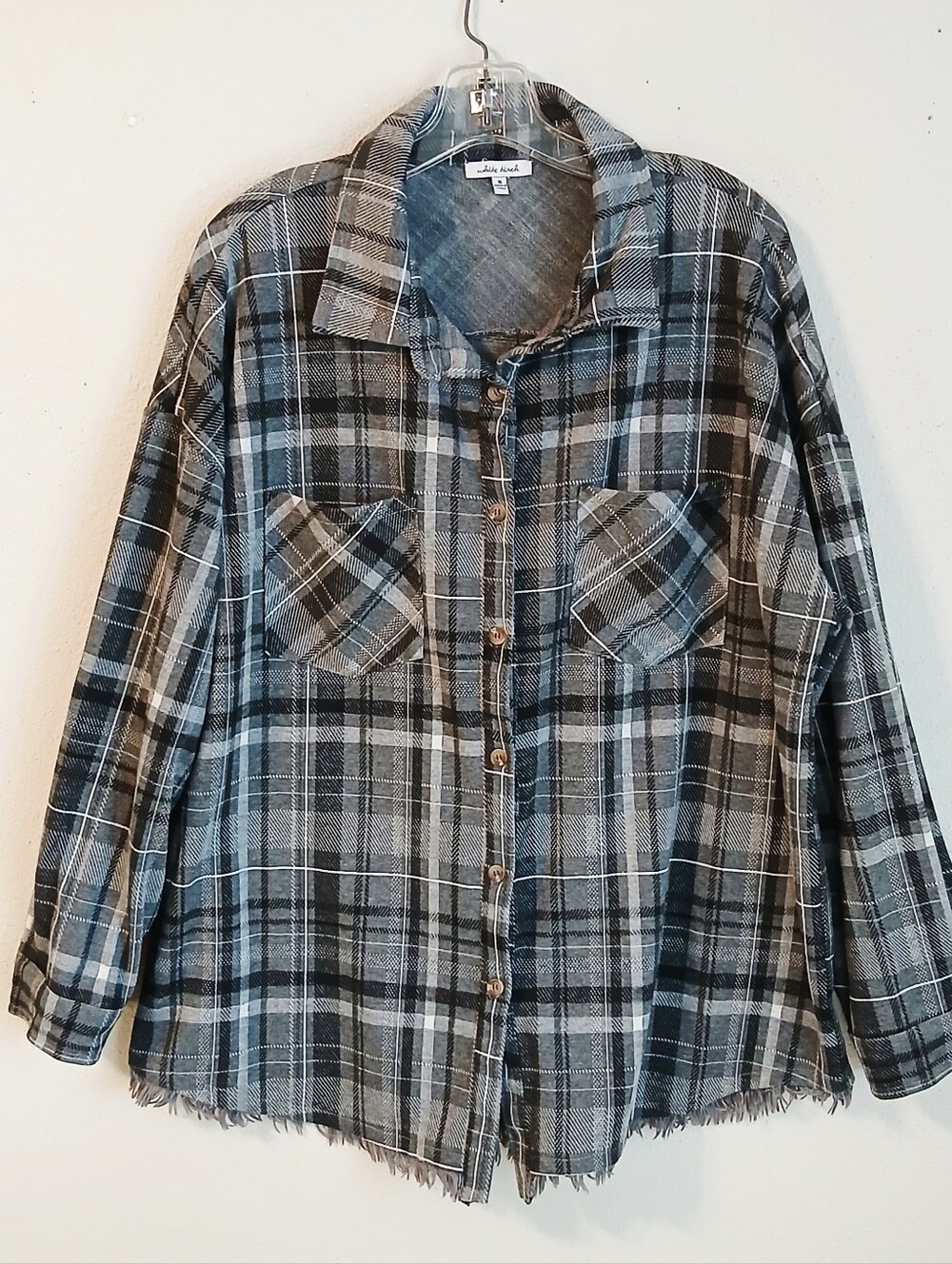 White Birch Gray Plaid Button Up Shirt Raw Hem Size Small Oversized